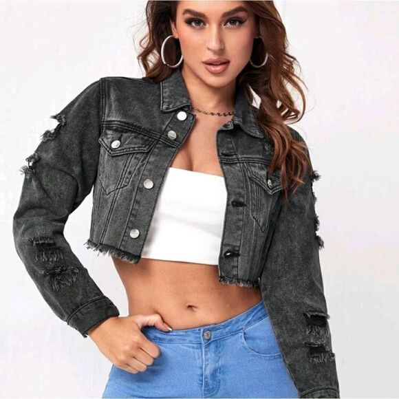 Ripped Raw Trim Button Front Crop Denim Jacket - Picture 1 of 6
